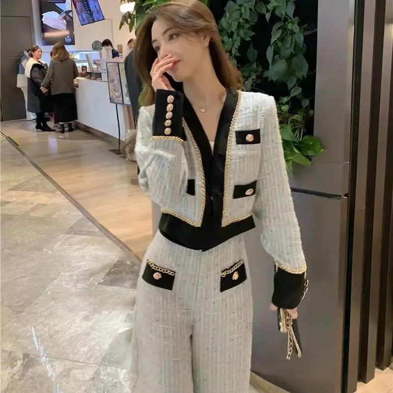 V Neck Tweed Jacket Women Top Korean Wide Leg Plaid Pants Vintage Striped Coat Y2k Two Piece Sets Womens Outifits 240828