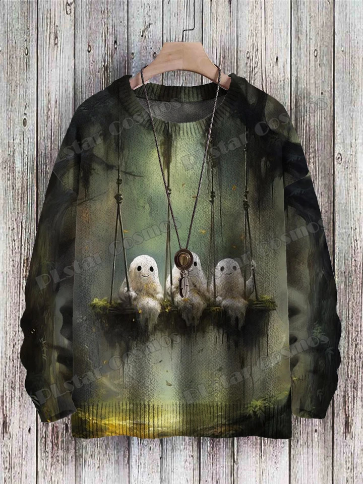 Halloween Ghost and Jack-o-Lanton 3D Printed Mens Knitted Pullover Winter Neutral Casual Knitted Pullover Sweater ZZM139 240829