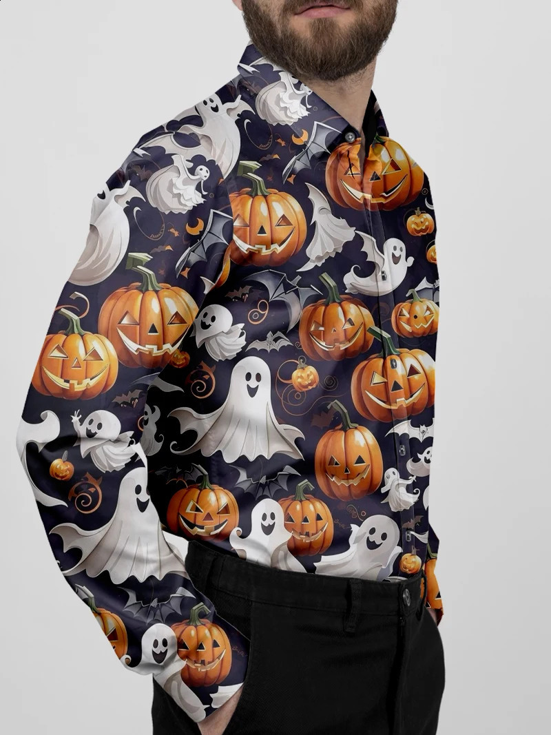 Spring and Autumn Outdoor Halloween Mens Clothing Casual Ghost Pumpkin Pattern Boat Collar Button Long Sleeve Pattern Novel Costu 240829