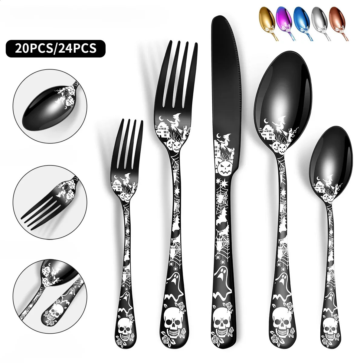Halloween themed stainless steel tableware Western knife fork and spoon set skull patterned tableware set 240829