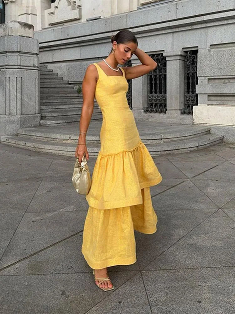 Fashion Sexy Layered Ruffled Women Dress Chic Square Collar Sleeveless Robes Summer Female Party Club Evening Dresses
