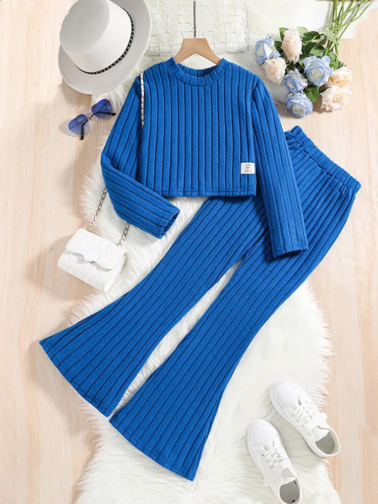 2 Pcs Kids Clothing Sets Outfits for Girls 2024 Autumn Winter Children Fashion Knit Blue Long Sleeve Tops Flares Pant 7-14Y 240823
