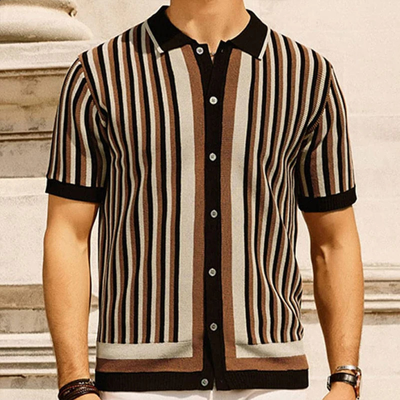 Summer mens lightweight button casual knitted polo shirt retro short sleeved street clothing fashionable patch work knit 250109