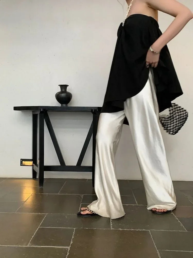 Deeptown satin wide leg pants womens elegant beige Trouser casual bag Korean style summer office wear black 240829