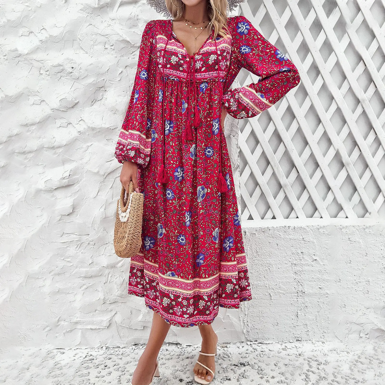 High quality womens springsummer casual vacation printed long sleeved dress with brushed Bohemian Y2k 240828