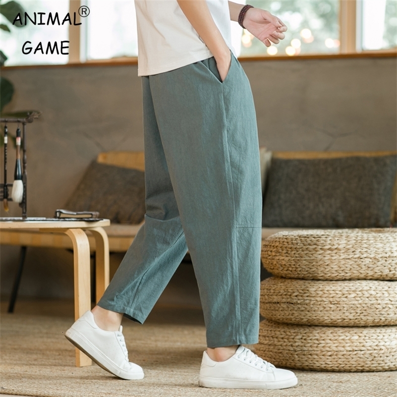 Mens Trouser Cotton Linen Fashion Casual Pants Solid Color Breathable Loose Shorts Straight Pull Pants Mens Street Pants 240828