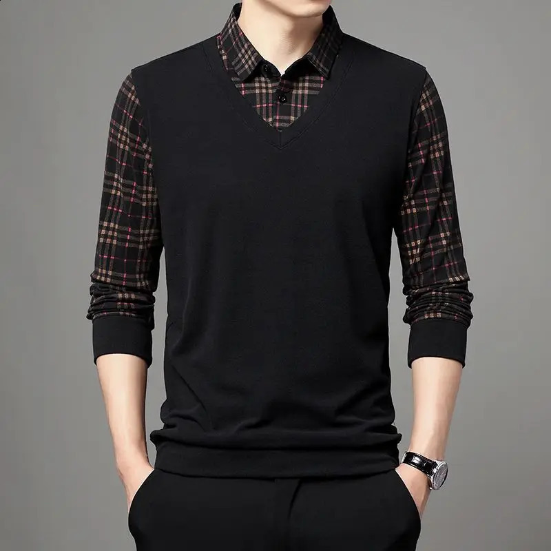 autumn and winter smart casual lapel long sleeved Tshirt mens clothing fashion button zipper splicing work top 240828