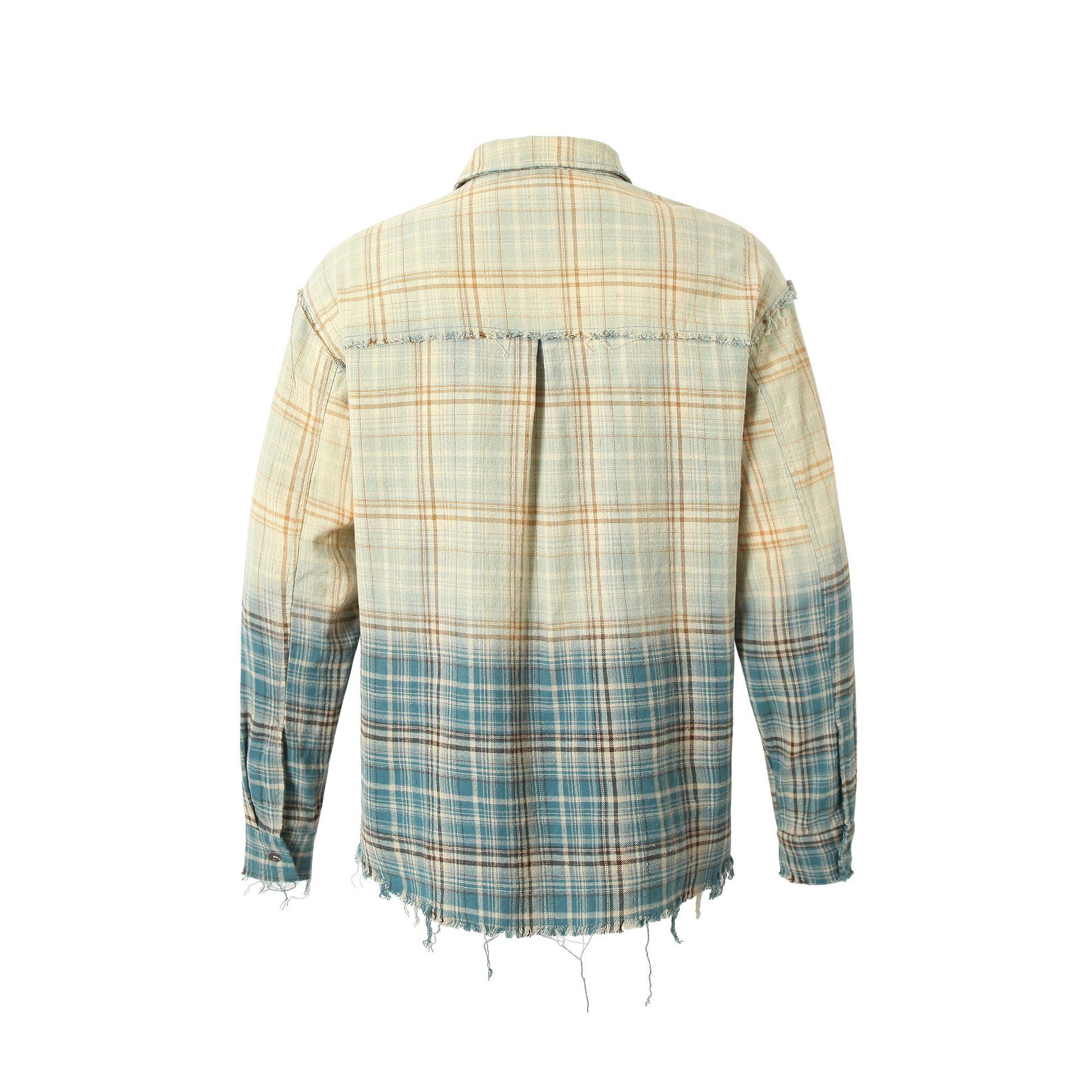 American Plaid Gradient Casual Long Sleeved Shirt for Men and Women Worn Hem Couple Jacket Jacket