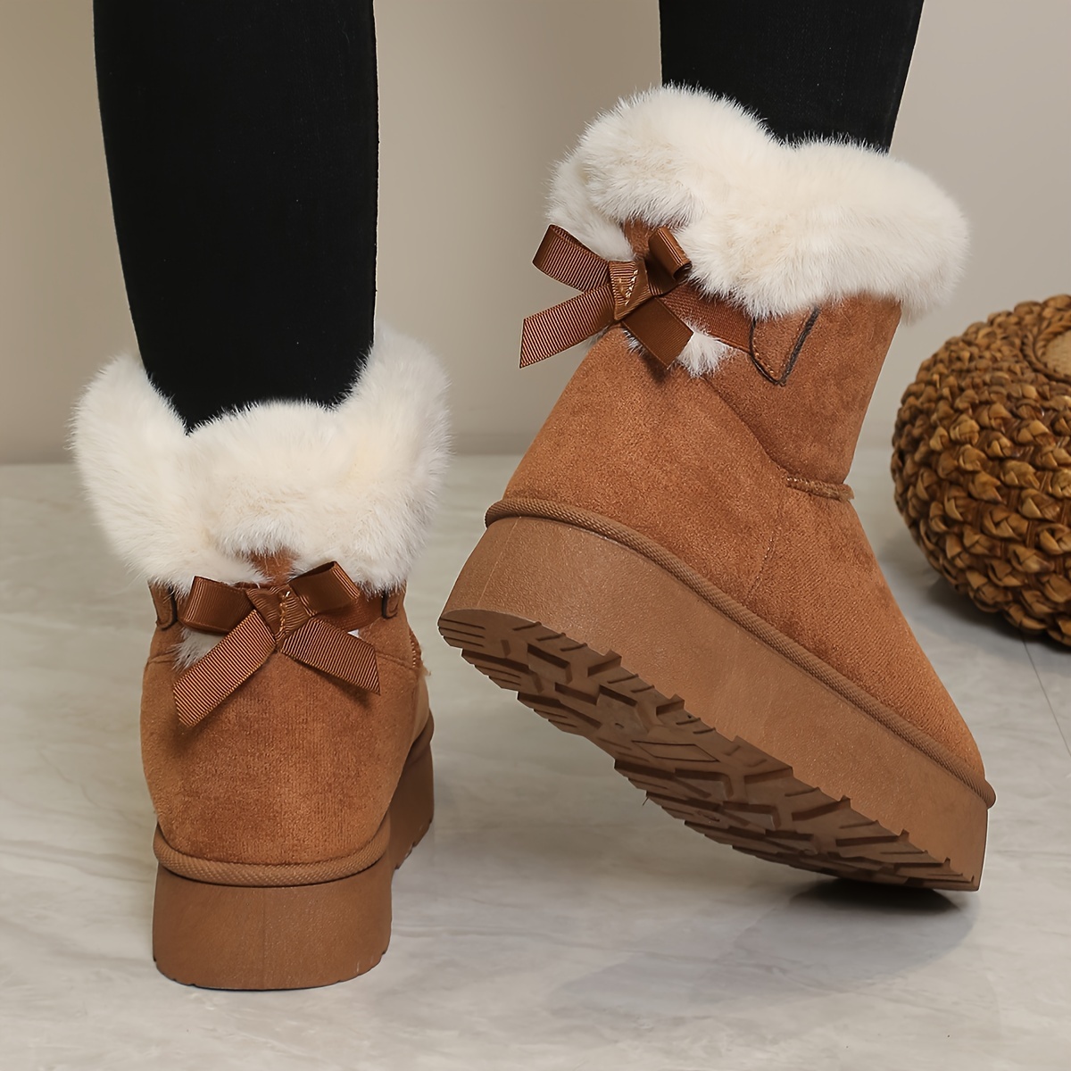 Comfortable Womens Solid Fluffy Bow Snow Boots - Slip-on soft thick sole design plush ing and non-slip traction to keep you warm stylish winter boot s