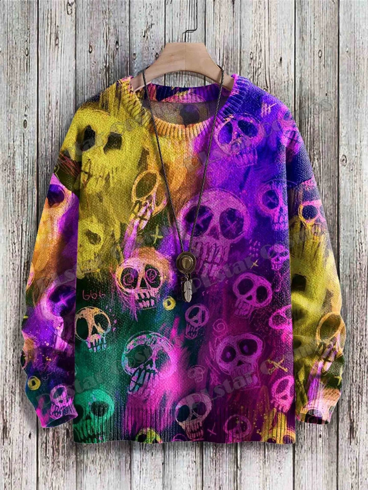 Halloween Skeleton Rainbow Art Pattern 3D Printing Mens Knitted Pullover Winter Neutral Casual Knitted Pullover Sweater ZZM133 240829