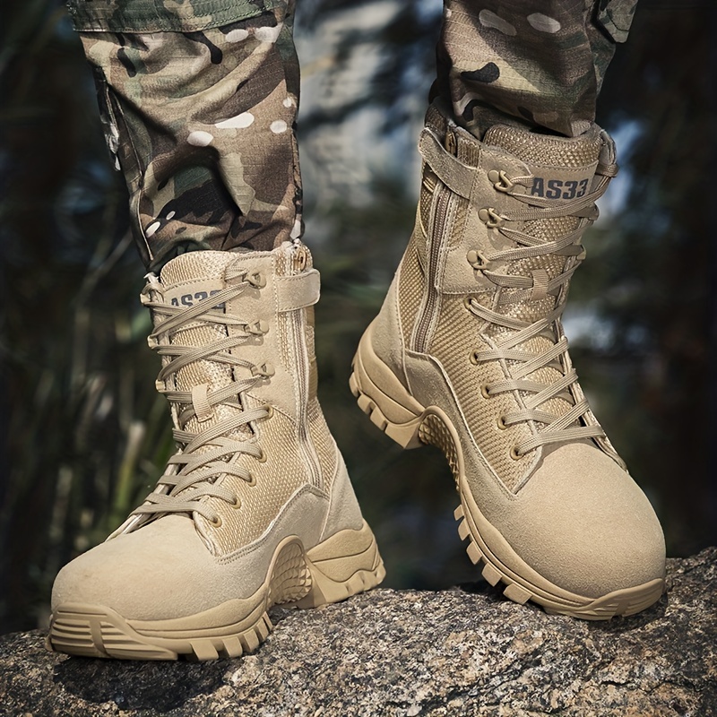 Men's solid color high top tactical work boots - waterproof, non-slip, comfortable, breathable, durable for outdoor hiking activities, rubber sol