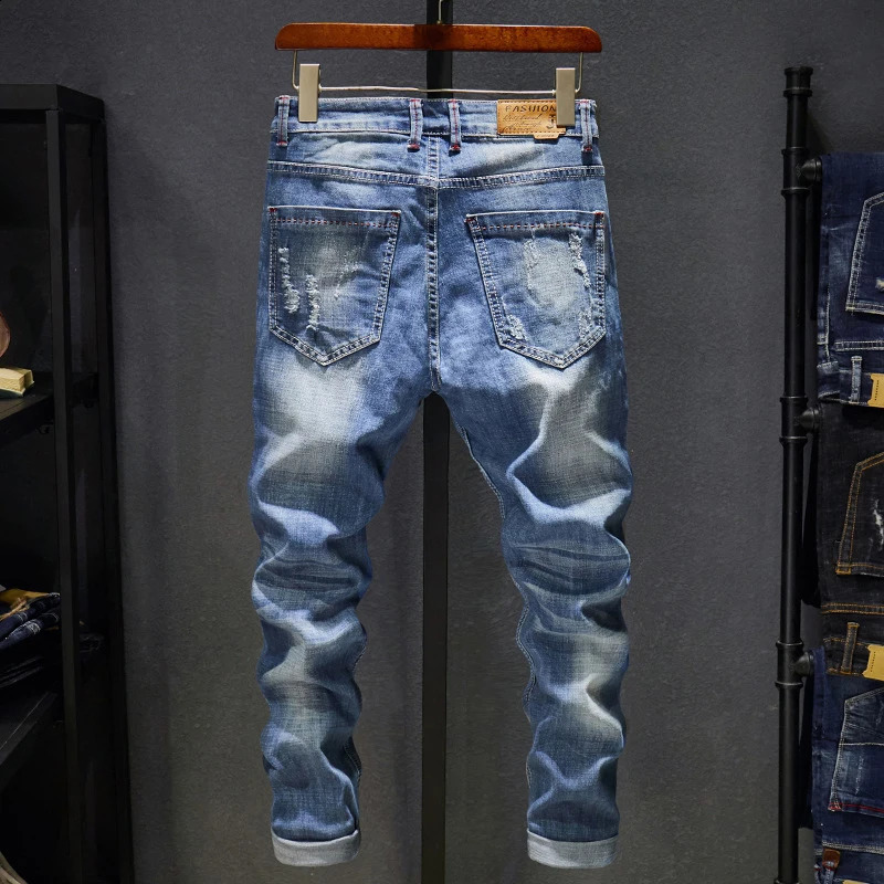 Ripped Jeans Men Slim Fit Light Blue Stretch Fashion Streetwear Frayed Hip Hop Distressed Casual Denim Pants Male Trousers 240826Z