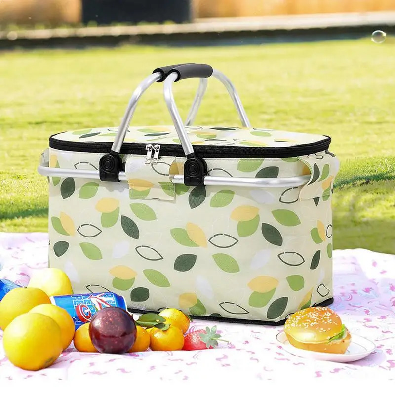 Folding insulated picnic basket lunch bag beach cooler leak proof portable camping large capacity n 240828