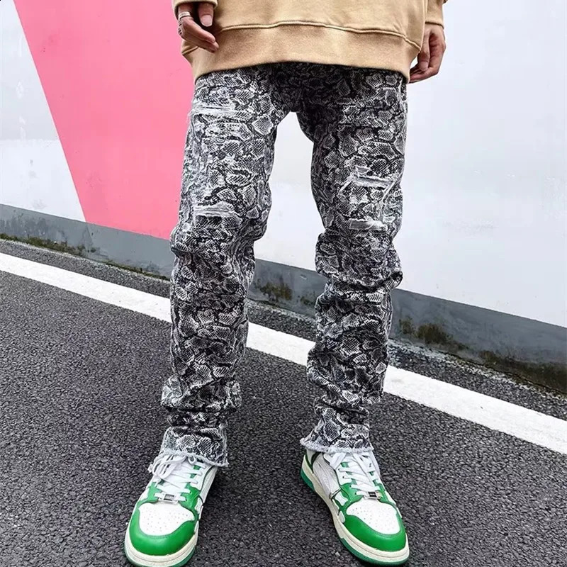 Y2K Streetwear Snake Graphic Baggy Zipper Ripped Jeans Pants For Men Clothing Straight Cotton Long Trousers Pantalon Homme 240828
