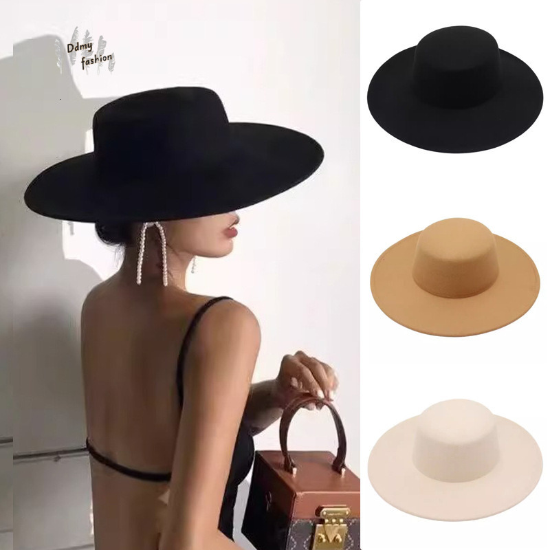 Autumn And Winter Flat Woolen Top Large Brim Versatile Felt Women S Jazz Hat French Hepburn Style F08.29-10 97bd4