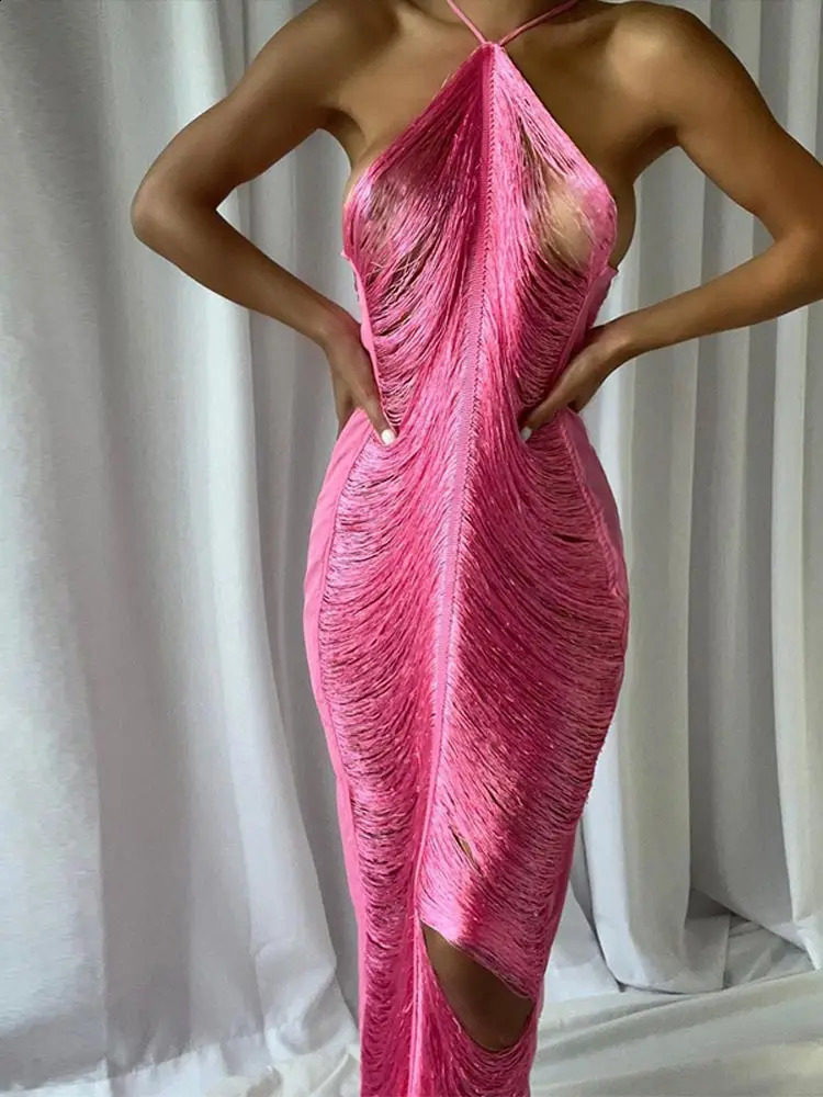 Fashion Tassel Backless Halter Evening Dress Women Sexy Off Shoulder Sleeveless Long Dresses Female Chic Party Vestidos 240828