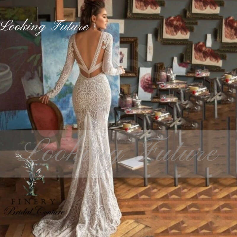 Lace Morden Embroidery Mermaid Wedding Dresses For Woman V Neck Long Sleeve Bride Gown Button Vintage Pleat Robe intage