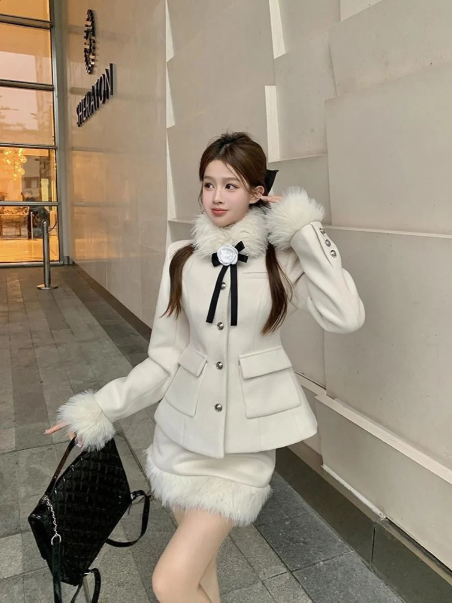 UNXX coarse woolen fur collar coat rich heiress set womens office ladies autumn and winter pencil skirt twopiece short sleeved dress 240828