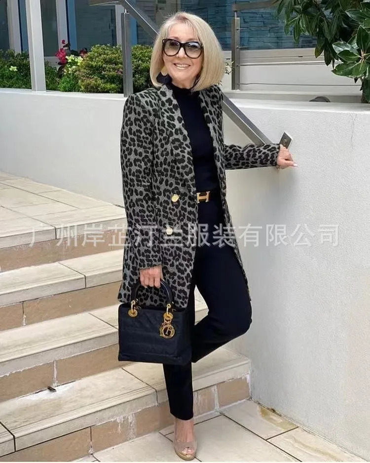 mid length coat leopard pattern set collar wool coat womens inventory European and American style womens clothing 240828