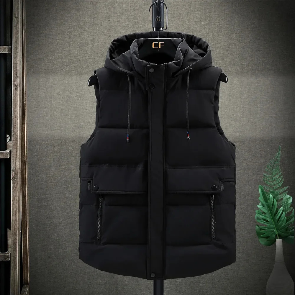 Mens Winter Tank Top Plus Size 5XL Hat Detachable Waist Coat Camo Sleeveless Jacket Warm Parkas Unloading 240828