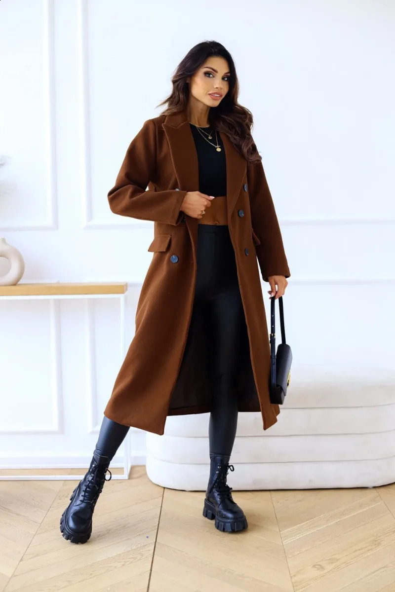 Womens clothing autumn and winter item simple double-layer long sleeved lapel button wool coat 240828