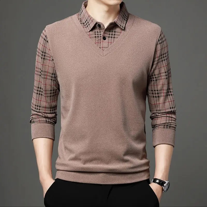 autumn and winter smart casual lapel long sleeved Tshirt mens clothing fashion button zipper splicing work top 240828