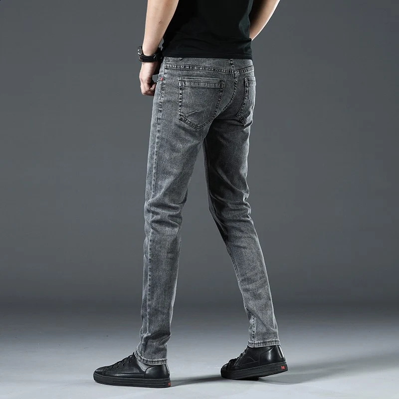 Mens Grey Korean Slim Fit Stretch Jeans Fashion Skinny Men Casual Classic Cotton Youth Pencil Denim Trousers 240826Z