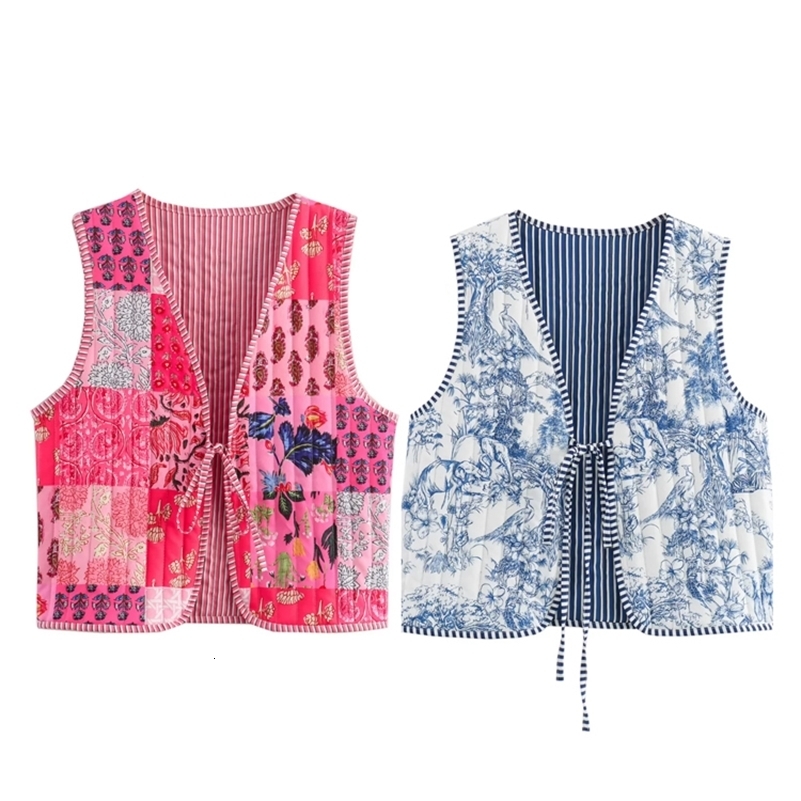KAOPU ZA Womens Ribbon Printed Padded Cotton Open Tank Top Retro V-neck Sleeveless Womens Coat Fashion Tank Top 240828