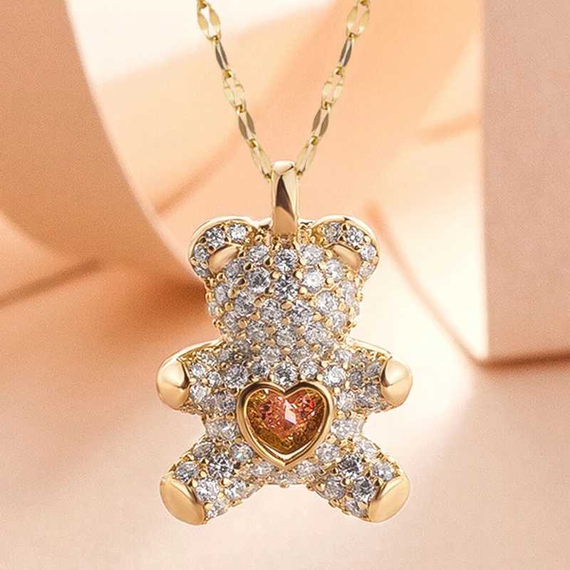 Sparkling cute bear pendant necklace suitable for women gold titanium stainless steel necklace chain link womens jewelry gift W240828
