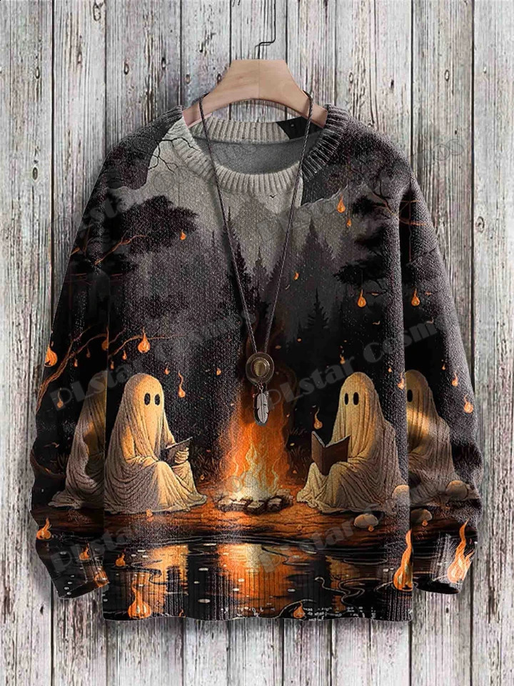 Halloween witch and ghost retro art pattern 3D printing mens knitted floral winter unisex casual knitted floral sweater ZZM127 240829