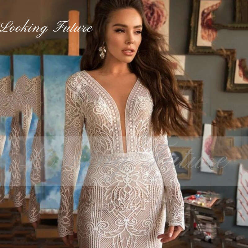 Lace Morden Embroidery Mermaid Wedding Dresses For Woman V Neck Long Sleeve Bride Gown Button Vintage Pleat Robe intage