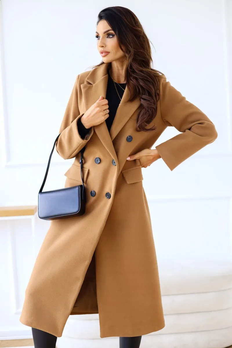 Womens clothing autumn and winter item simple double-layer long sleeved lapel button wool coat 240828