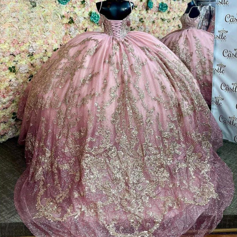 Pink Shiny Off The Shoulder Quinceanera Dresses Ball Gown Gold Appliques Lace Beading Crystal Sweet 16 Dress Vestidos 15 De XV Anos