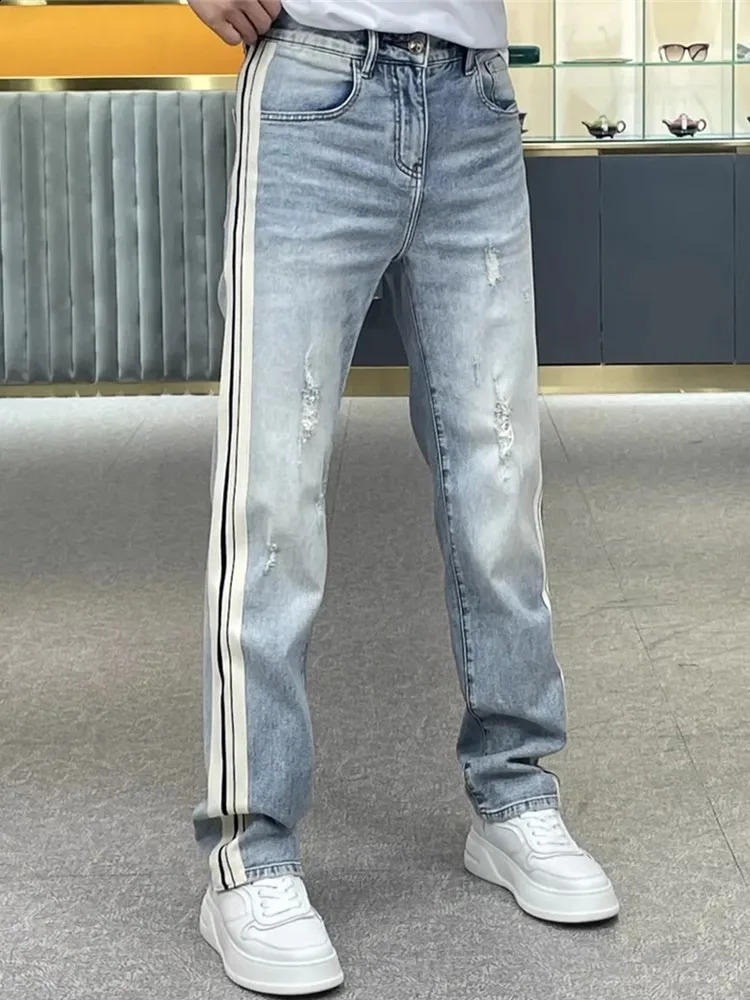 mens straight jeans high-quality washed edge stripes casual denim pants blue hip-hop streetwear mens Trousers 240829