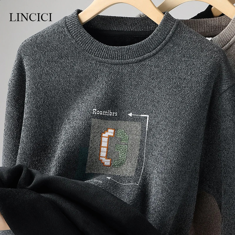 Autumn/Winter Mens Sweater Thick Velvet Embroidered Knitted Inner Bottom with Warm Round Neck Letters 240829
