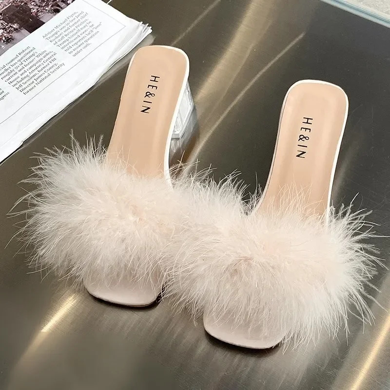 Summer Fluffy Leather Toes Sexy High Heels Womens Fur Womens Fashion Wedding Pink Slider 240827