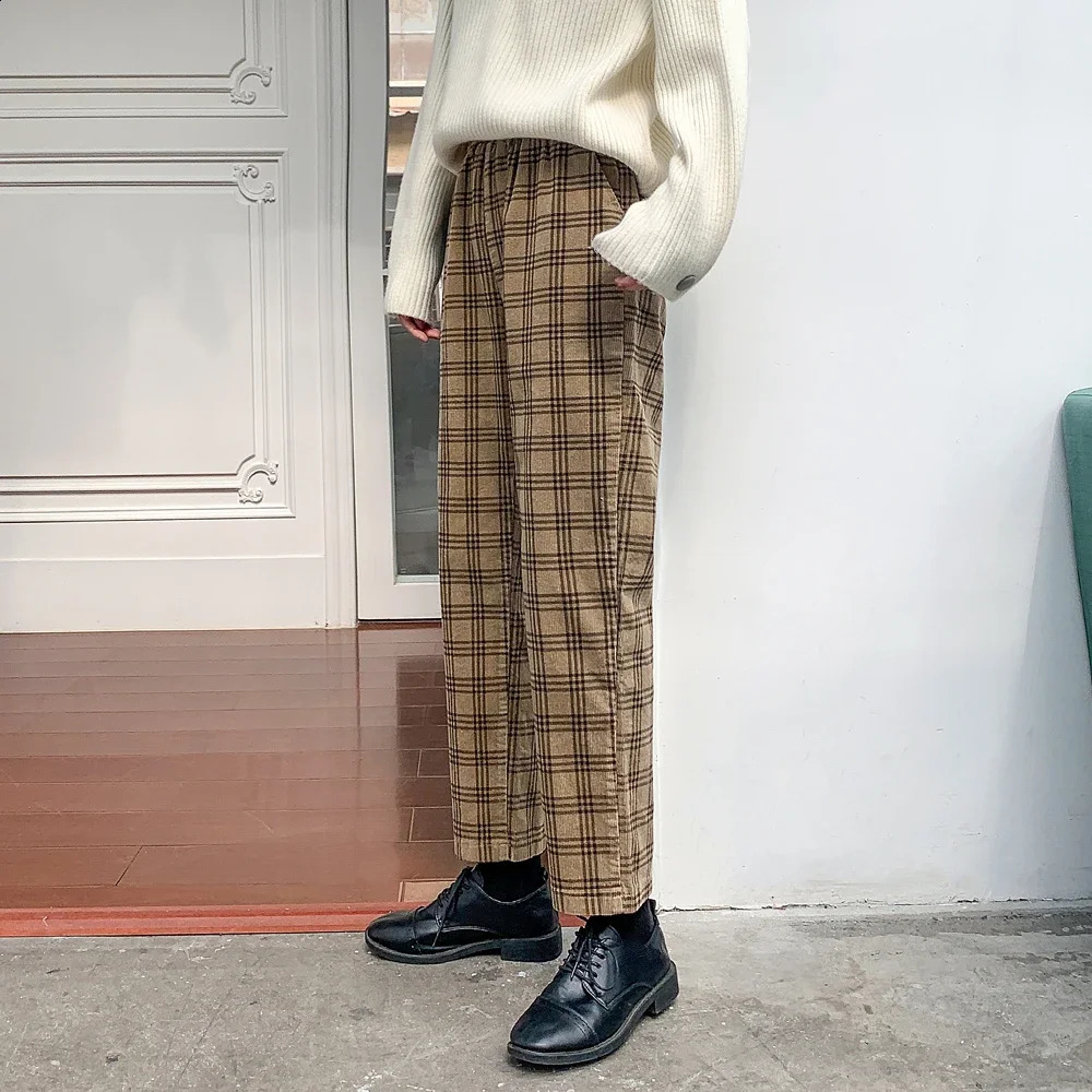 Vintage Plaid Corduroy Pants Women Autumn Winter Warm Loose Straight Harem Pants High Waist Thicken Cropped Trousers Female 240829