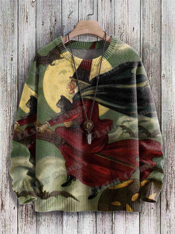Fun Halloween Cat Frog Crow Bat Pattern 3D Printed Mens Knitted Pullover Winter Neutral Casual Knitted Pullover Sweater ZZM132 240829