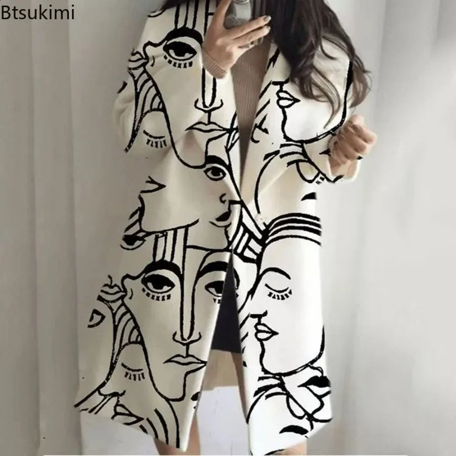 Spring/Summer Autumn Womens Coat Matching Plain Long Sleeve Collar Coat Printed Wool Coat Womens Coat 240828
