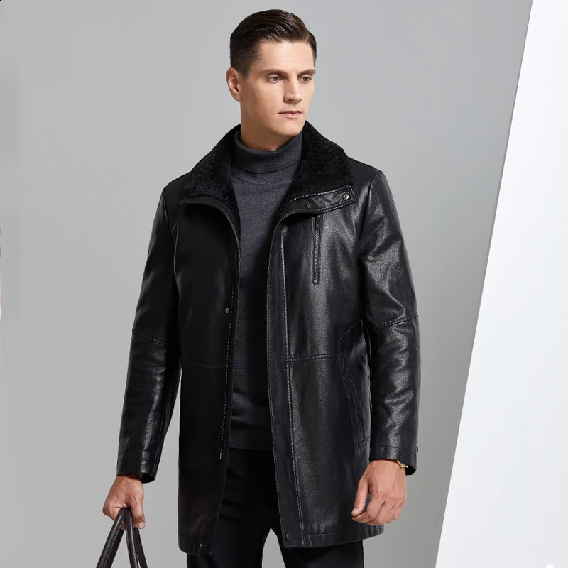 YN8819 fur integrated mens leather jacket medium length thick natural sheepskin collar family casual factory direct sales 240828