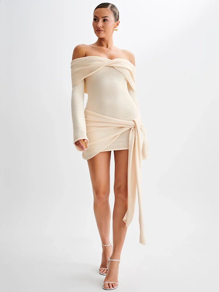 Mozision Shoulder Knitted Womens Mini Dress AutumnWinter Style Strapless Strap Long Sleeve Ruffle 240828