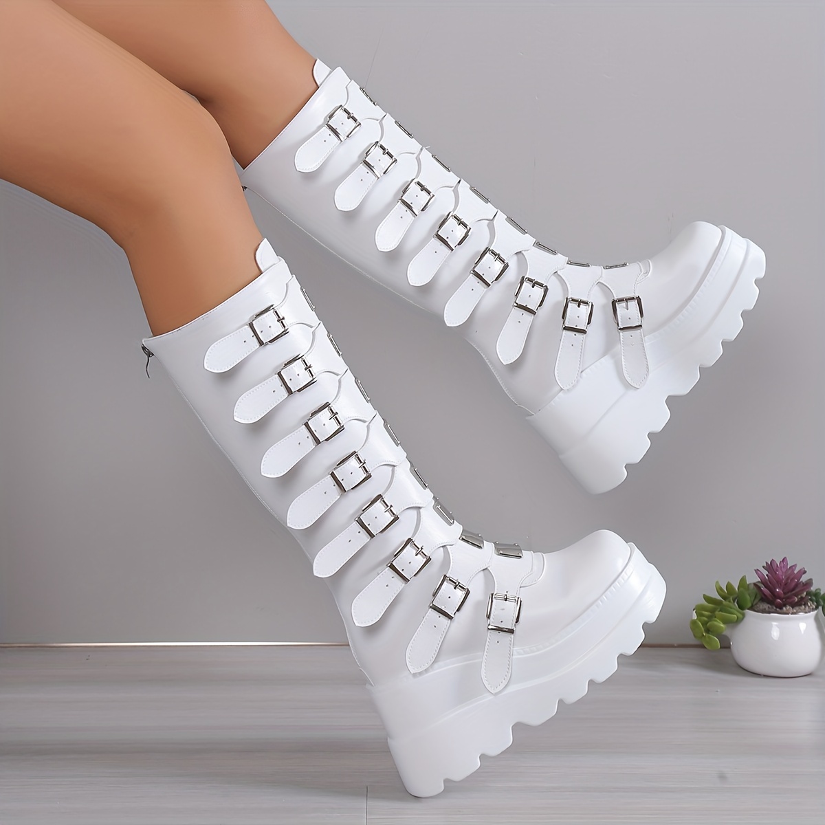 Women's wedge heel boots long boots, fashion buckle design thick sole boot, women's fashion back zipper boots carnival and music festival bo