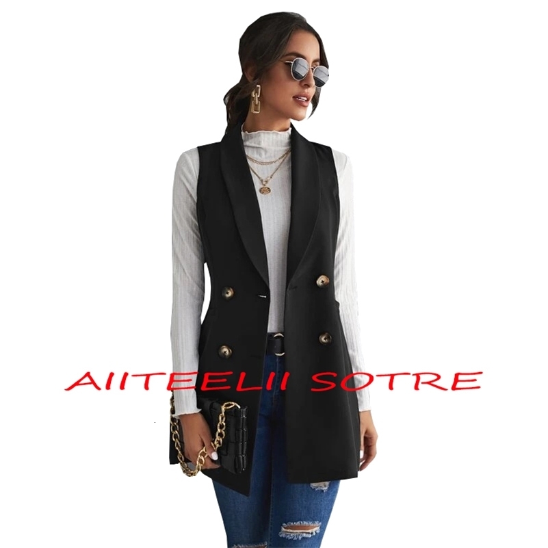 Womens jacket double chest long jacket retro ultra-thin waist jacket womens sleeveless 240828