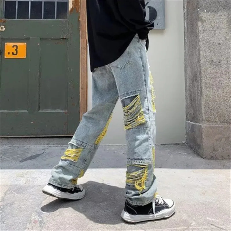 Hip Hop Ripped Jeans Mens clothing High Street Y2K Loose Straight Pants Button Pocket Spring Summer Trousers A047 240828