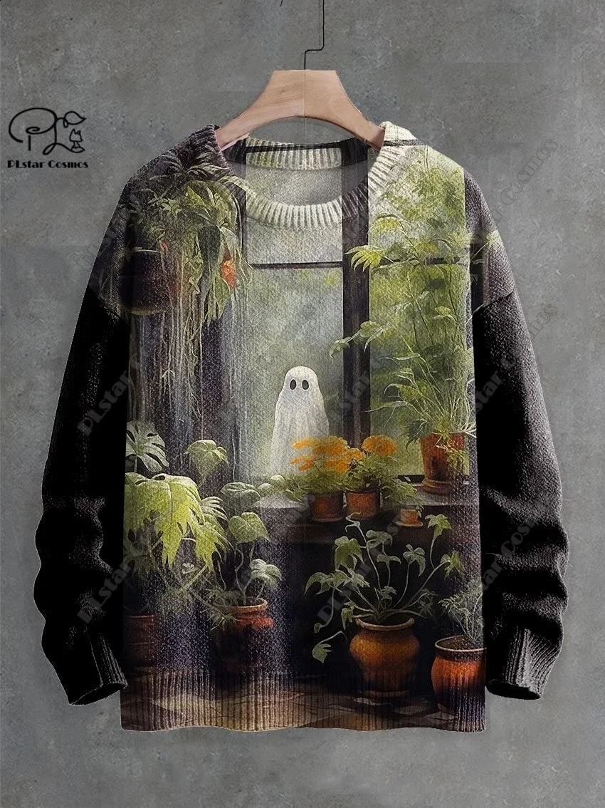 3D Printing Halloween Custom Series Horror Ghost Skull Witch Black Cat Pattern Ugly Sweater Street Casual Winter Sweater W-8 240829