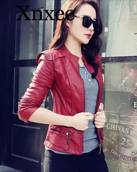 burgundy Women Pu Leather Short Slim Jacket Round Neck Zipper Coat Female Outerwear Fashion Jacke M-2XL red slim coat moto 240828