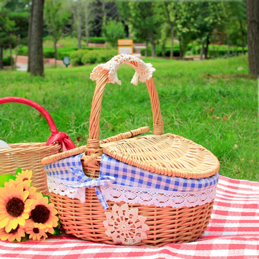 Handmade willow picnic basket woven storage with handle outdoor fruit container 240828