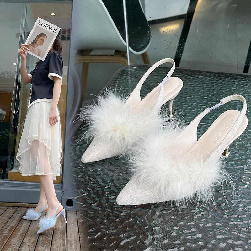 Womens genuine Ostrich hair heel slider fashionable fur slider high-quality anti slip and sexy slider womens party shoes 240827