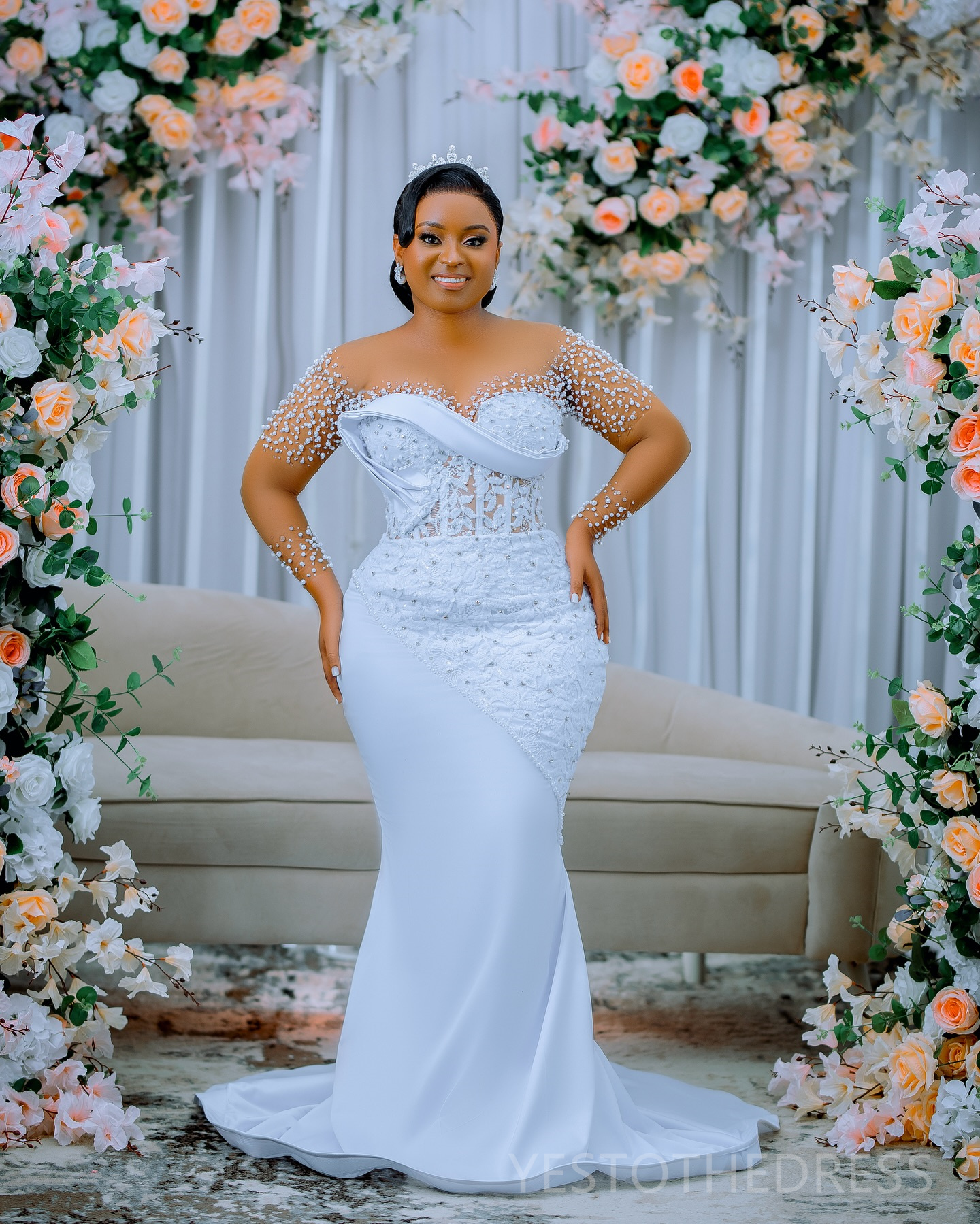 R&W 2024 Plus Size Bride With Detachable Train Mermaid Wedding Dress Bridal Gowns Sheer Neck Long Sleeves Beaded Lace Marriage Gown For Women D287