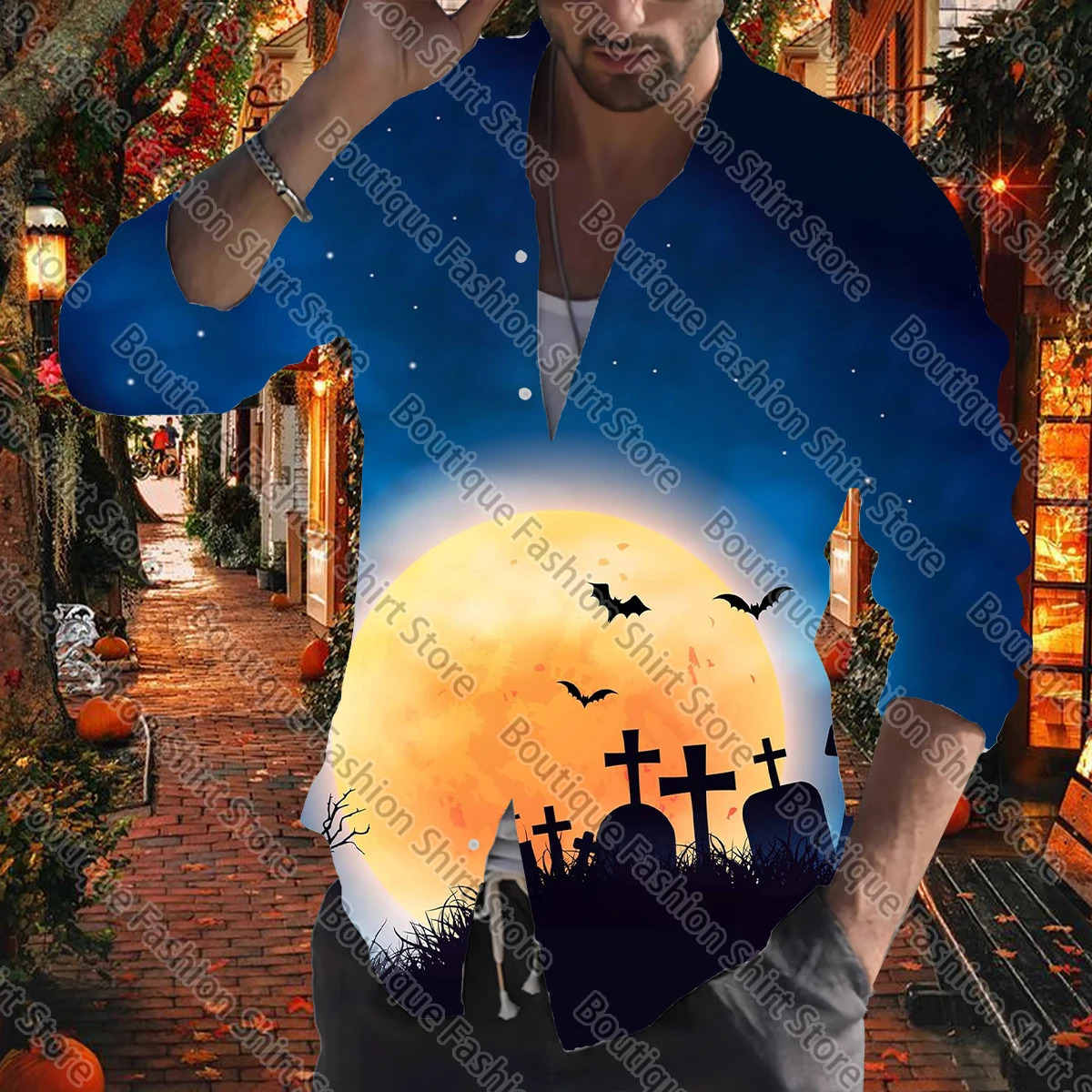 Halloween mens autumn and winter mens clothing sleeping button lapel soft and comfortable street outdoor party top 240829